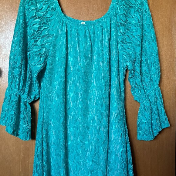 2TEE COUTURE Size Large Lace Dress Mint Green With Sheer Bell Sleeves Tunic - Picture 12 of 12